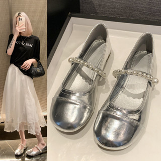 銀色法式珍珠瑪麗小皮鞋配裙子氣質單鞋女仙女風鞋子女春季 時尚百搭一腳蹬奶奶鞋