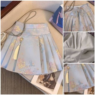 遊樂町🌈馬面裙短版 馬面裙日常 S-2XL 新中式 古著漢服 短版馬面裙 春夏新款 百褶裙子 a字半身短裙