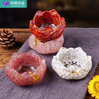 ✨ 天然水晶 工藝品 居家擺件 ✨天然水晶碎石滴膠蓮花香插底座消磁碗黃水晶蓮花聚寶盆樹脂擺件 TRSST