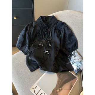 新中式盤扣旗袍領短袖襯衫女夏款國風碎花短款斜襟正肩小上衣 中國風上衣 改良旗袍上衣 盤扣上衣 短袖t恤女 中國風 復古