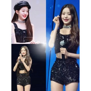 現貨~演出服 比賽服 錶演服 ive張元英黑色亮片吊帶短褲套裝打歌服舞臺演出辣妹露臍
