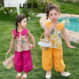 LP 夏季兒童時尚多巴胺背心套裝 女童洋氣短袖兩件套 中小童娃娃領上衣九分防蚊褲