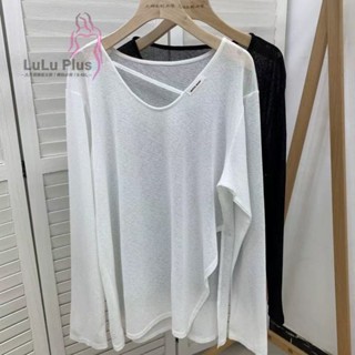 現貨 夏季新款寬鬆慵懶小心機V領防曬衣t恤女洋氣開叉長袖百搭上衣上衣寬鬆顯瘦防曬衣 罩衣 女生夏天罩衫YM