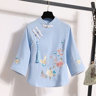 【現貨】中國風女裝復古盤扣刺繡唐裝上衣民族風襯衫茶藝服民國風短版旗袍 超流行熱銷禮物 送朋友