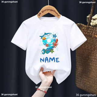 新款海魚數字生日 T 恤可愛男孩/女孩 T 恤個性化名稱夏季 O 領短袖白色 T 恤上衣