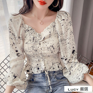 Lucy💕長袖襯衫女秋裝 2025年新款 設計感小眾 法式方領 別緻抽繩短版上衣潮