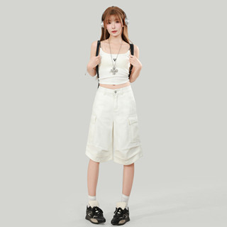 【HOT 本舖】 白色工裝五分牛仔短褲女夏季薄款寬鬆顯瘦多口袋休閒直筒中褲