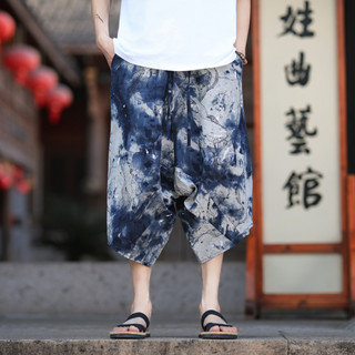 男士棉麻七分褲民族風復古印花百搭亞麻短褲透氣排汗寬褲寬褲燈籠褲哈倫褲束口褲寬褲垮褲蘿蔔褲男褲子