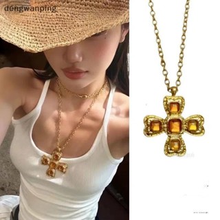 [DWP] 潮流復古時尚透明黃色樹脂石金屬十字架吊墜項鍊女款男士情侶頸鍊熱銷中