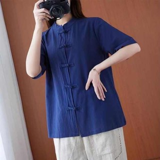 國潮新中式 初色服飾 夏棉麻套裝女復古漢服中國風盤扣短袖新中式上衣唐裝藝文佛系茶服