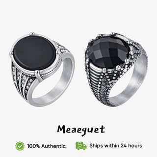 Meaeguet 男士復古黑色玻璃戒指 - 防過敏不銹鋼圓形切割帶,尺寸 9-12(鋼色調)