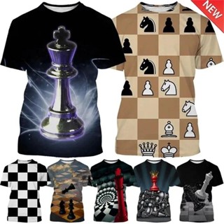 最新國際象棋遊戲 3D 列印 T 恤棋盤格圖案 T 恤男士女士休閒短袖街頭 T 恤上衣