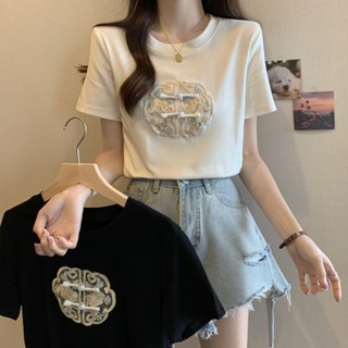 胖胖美依 上衣 短袖T卹 印花上衣 T恤衫中大尺碼 M-4XL新款刺繡短袖寬鬆顯瘦正肩盤扣上衣-7341.