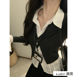 Lucy💕早秋chic喇叭袖撞色假兩件襯衫拼接長袖針織衫女上衣