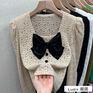 Lucy💕法式洋氣蝴蝶結方領撞色別緻百搭蕾絲衫女春新款氣質時尚長袖上衣