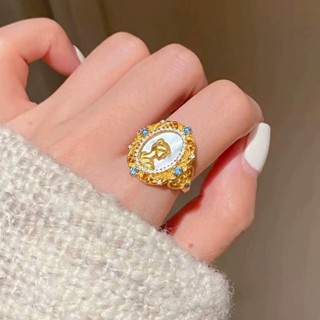 古巴比倫女神貝母珍珠浮雕戒指 復古宮廷風珠寶宴會配飾