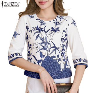 ZANZEA 女式韓版休閒圓領半袖碎花寬鬆上衣