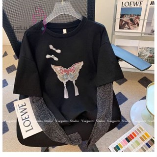 現貨 復古休閒假兩件上衣黑色新中式國風刺繡盤扣長袖t恤寬鬆顯瘦防曬衣 夏天罩衫 罩衣 女生夏天罩衫YM