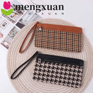 MENGXUAN拉鍊手拿包錢包,韓式零錢袋復古千鳥格手提包,信用卡持有人手拿包零錢包女士長版皮夾