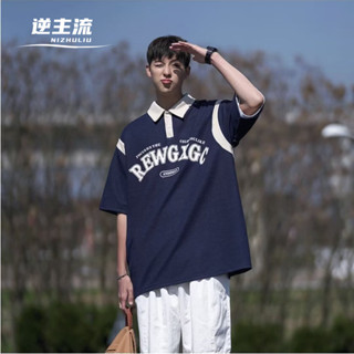 【現貨特價】藏青色3XL短袖Polo衫 日系復古印花polo衫 字母印花翻領短袖上衣 美式寬鬆拼色短袖T恤 港風情侶T恤