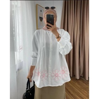 KEMEJA BV MARSHA 最新款女式純亞麻花卉刺繡襯衫上衣當代女式刺繡襯衫襯衫