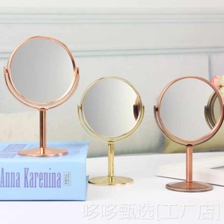 鏡子化妝鏡 化妝鏡 放大化妝鏡 新款玫瑰金色3寸圓形小號臺式桌面化妝鏡美容珠寶雙面金屬鏡子 可