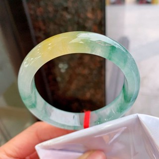 新品現貨天然冰種黃翡飄花翡翠手鐲緬甸a貨帶證書玻璃種正圈玉鐲子女20250612