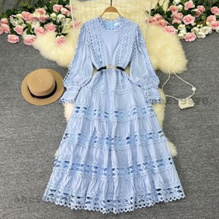 柔柔智慧館 宮廷風洋裝夏裝女重工鏤空蕾絲拚接緊身長款法式泡泡袖高級禮服