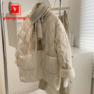 羊羔毛拚接羽絨棉服女冬季韓版寬鬆菱格輕薄保暖棉衣棉襖外套