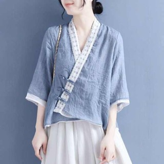 女裝七分袖 七分袖上衣 民國風蕾絲斜襟盤扣系帶V領七分袖襯衫女夏季上衣假兩件復古茶服