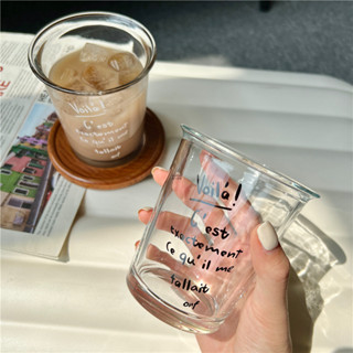 D0528-高顔值玻璃杯 ins水杯 380毫陞 牛奶杯 透明杯身 早餐杯 法式字母玻璃杯 杯子 咖啡杯 家用飲料杯