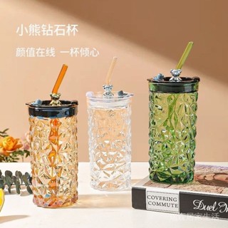 【現貨】玻璃水瓶 可愛玻璃水杯 330ml小熊水晶吸管杯 冷水/果汁/茶/牛奶杯 耐高溫吸管玻璃杯 奶茶杯 女生水杯