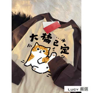 Lucy💕早秋季重磅純棉 長袖 拚接上衣 拚色T恤 可愛橘貓印花 大橘已定連肩袖 插肩袖 寬