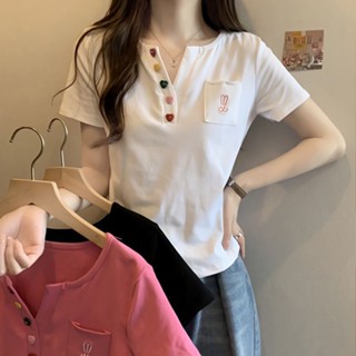 S-4XL 大尺碼上衣 短袖T恤 顯瘦上衣 300斤立體裝飾設計感短袖t恤女夏季新款女裝修身顯瘦大碼上衣女ins