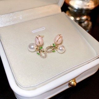 珍珠粉色鬱金香花朵個性田園風簡約氣質優雅耳環