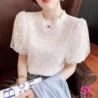 SY小香風上衣女蕾絲鏤空短袖雪紡衫夏季新款復古洋氣百搭網紗拼接蕾絲襯衫宮廷風日系穿搭上衣ins潮