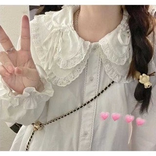 【LININ】lolita內搭襯衫 秋季日系愛蕾絲花邊娃娃領長袖襯衫 抽繩長袖上衣打底襯衫