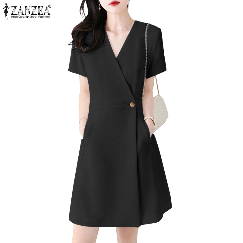 Zanzea 女式韓版日常純色側袋短袖 V 領交叉連衣裙