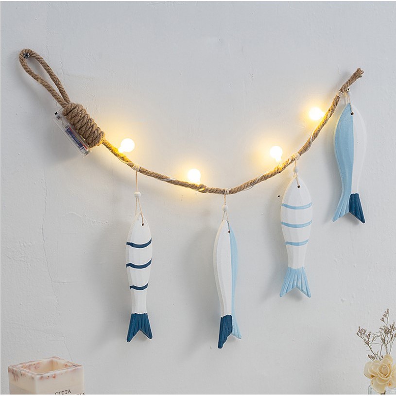 海風藍白相間條紋小魚燈串 藍白線條魚兒麻繩夜燈掛飾 海洋風牆壁裝飾吊飾掛飾 渡假風家居佈置 客廳裝飾