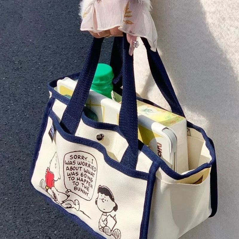 現貨秒發 大容量媽媽包 日本卡通可愛帆布包 手提包 寶媽上班族便當包 史努比卡通印花多功能口袋飯盒包