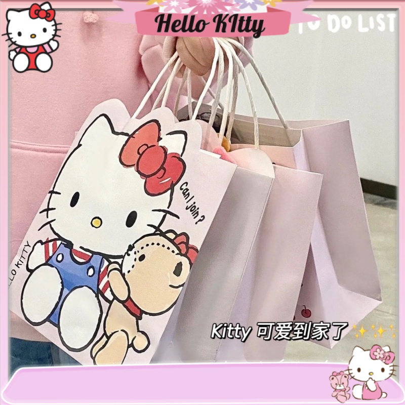 日系kt卡通kitty貓格子禮品紙袋 手提袋 收納袋 生日禮物包裝袋 hellokitty牛皮紙手提袋