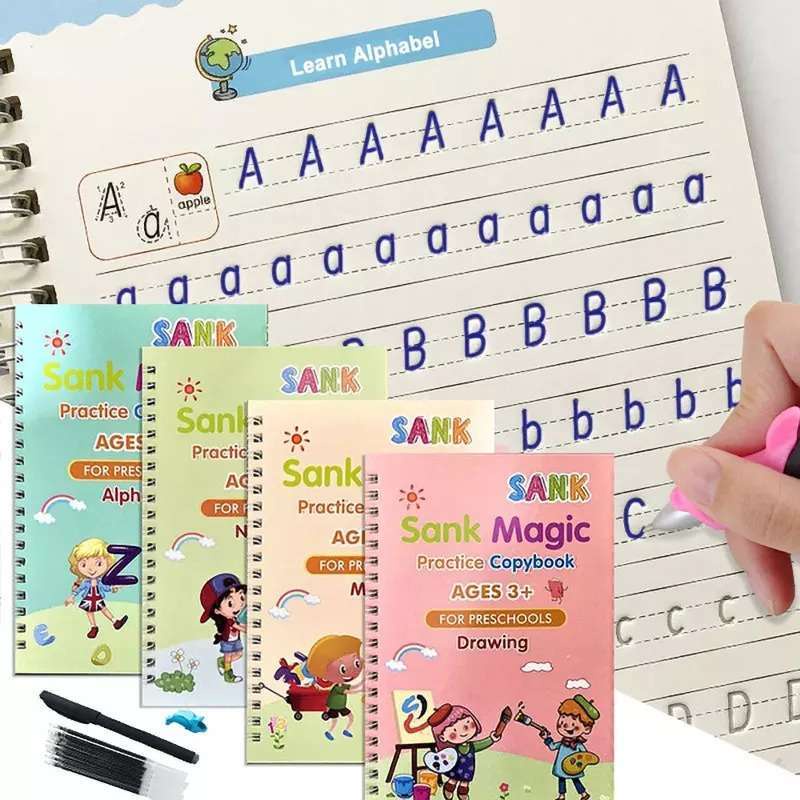 Sank Magic 兒童教育書籍學寫幼兒園數字字母魔法書/魔法練習書 1 套 4 筆補充書