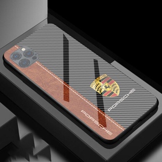 PORSCHE 【熱銷】創意設計碳纖維鋼化玻璃保時捷手機殼適用於 Iphone 14 Promax 12 13mini