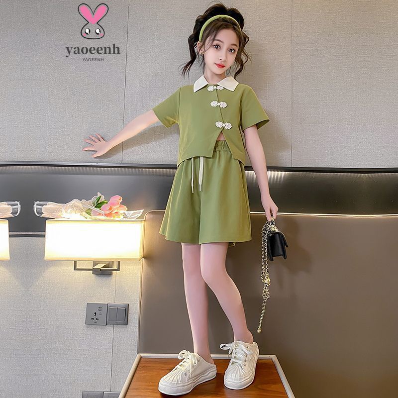 【YAOEENH】110-170CM 韓版女童休閒套裝 中大童洋氣復古短袖短褲寬鬆兩件套 現貨 快速出貨