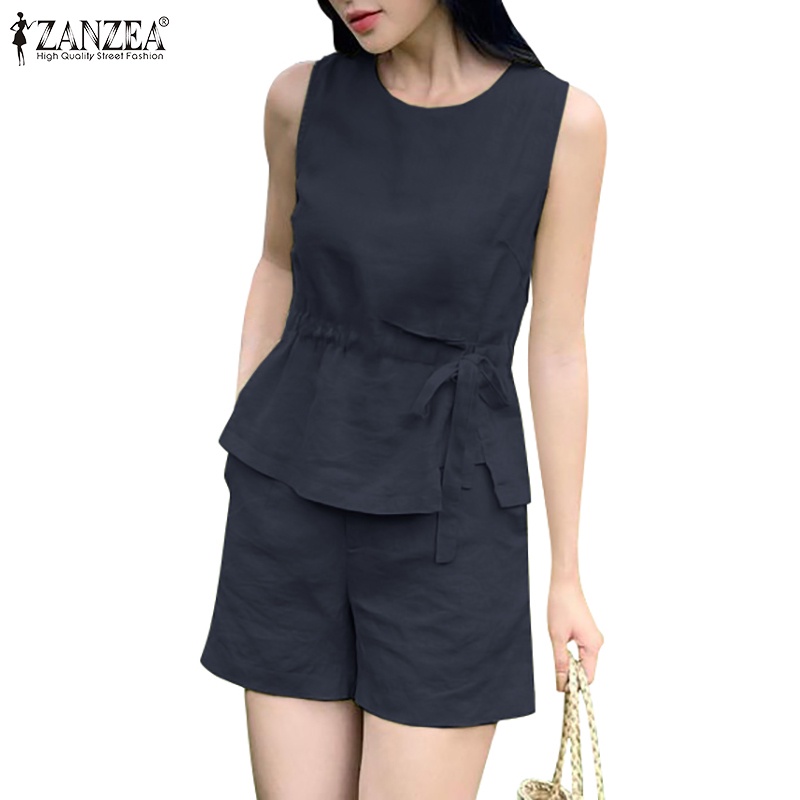 Zanzea 女式韓版無袖背心高腰短褲純棉純色套裝