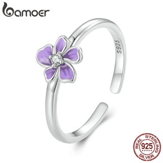 Bamoer 925 純銀戒指紫色花朵設計開口戒指首飾女士禮物