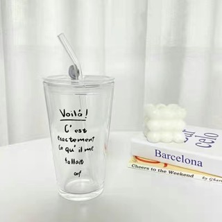 臺灣現貨 免運 吸管杯 玻璃杯 透明水杯 塗鴉字母 咖啡杯 果汁杯 隨行杯 飲料杯耐高溫 情侶杯 牛奶杯 吸管杯 水杯