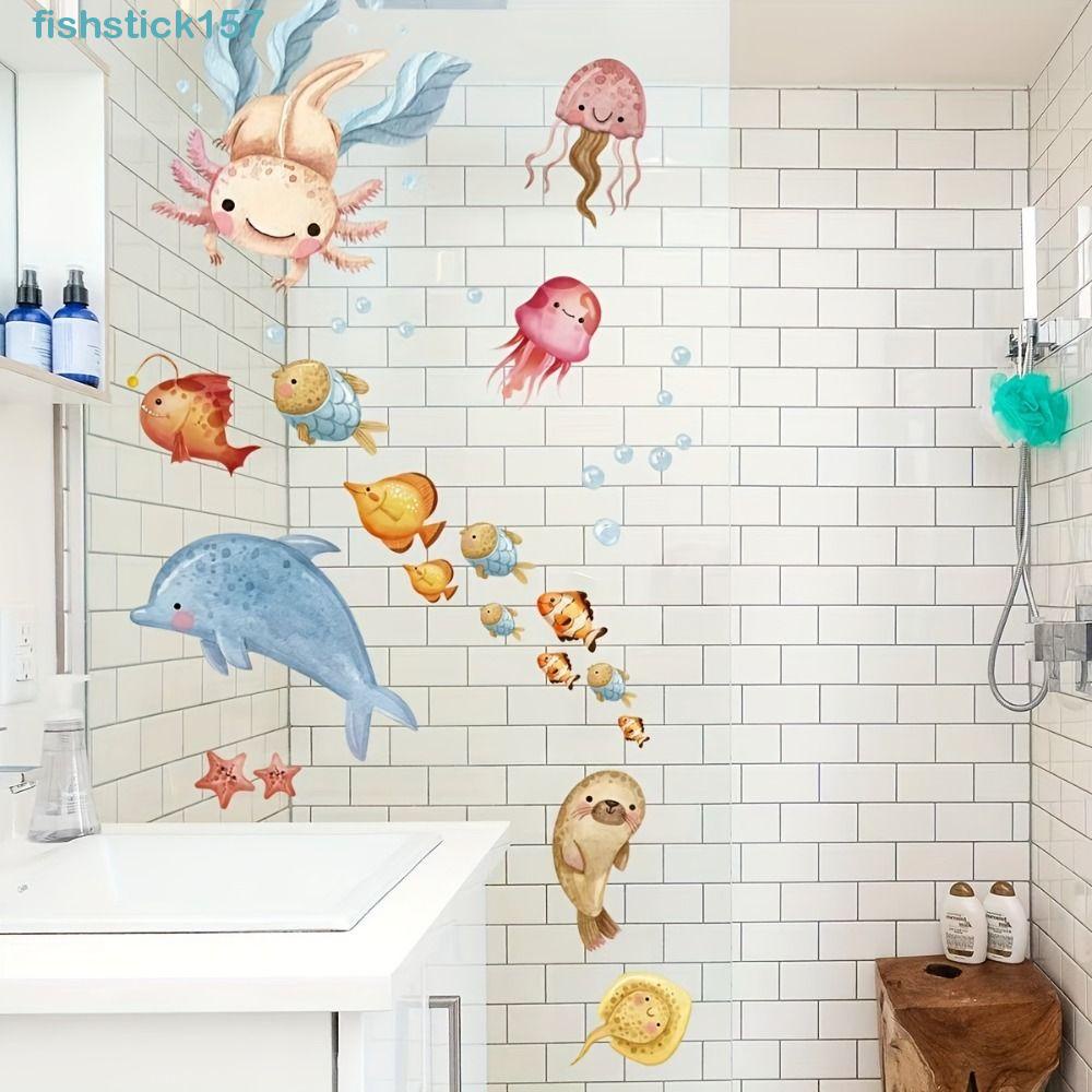 157fishstick 浴缸貼紙,水下動物圖案自粘海底動物貼紙,可愛壁畫藝術可拆卸防水牆飾