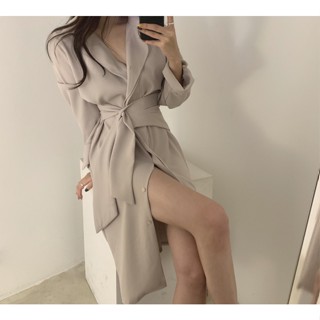 【桃喜Rich現貨】韓國chic 早秋極簡主義 單排扣綁帶 長袖連衣裙女 開叉裙子 收腰顯瘦洋裝 3色可選