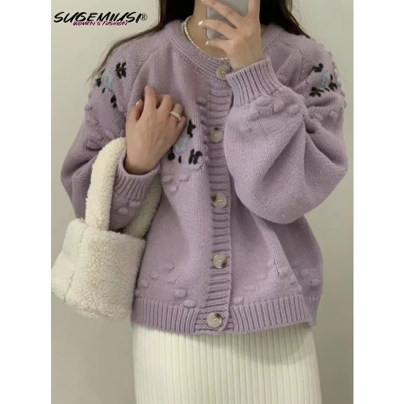 SUGEMIUSI 紫色甜美刺繡小花朵毛衣小外套外套女韓系洋氣高級感軟糯疊穿針織衫